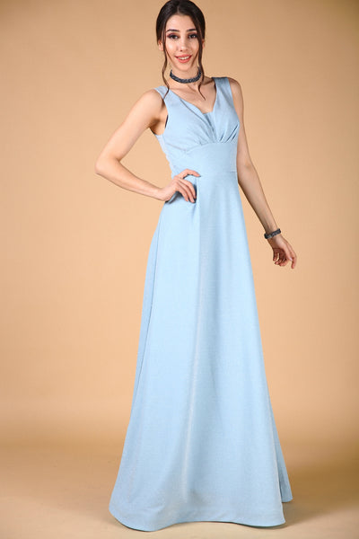 Back Zipped Silvery Blue Evening Dress