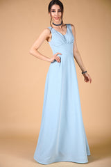 Back Zipped Silvery Blue Evening Dress