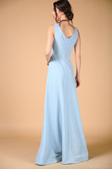 Back Zipped Silvery Blue Evening Dress