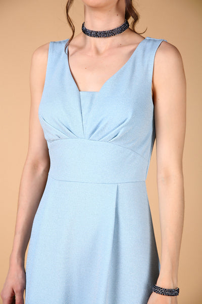 Back Zipped Silvery Blue Evening Dress