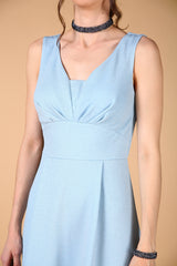 Back Zipped Silvery Blue Evening Dress