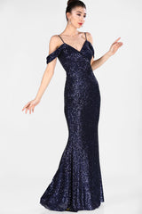 Women's Sequined Fish Model Navy Blue Evening Dress