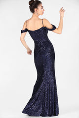 Women's Sequined Fish Model Navy Blue Evening Dress