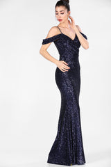 Women's Sequined Fish Model Navy Blue Evening Dress