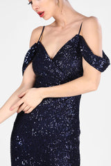 Women's Sequined Fish Model Navy Blue Evening Dress